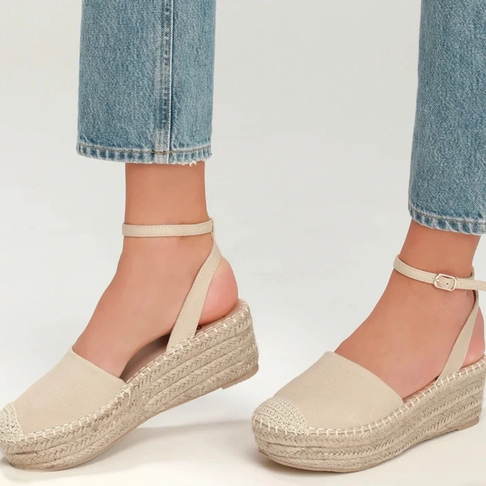 Lulu's Cream Espadrille Platform Wedge Sandals - Picture 1 of 7